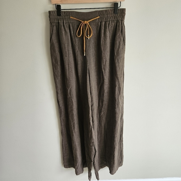 Momoni Neutral Army Green 100% Linen Wide Leg Pull On Pants - Picture 5 of 15
